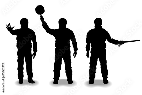 Set of vector silhouettes of people in protective equipment. Stopping gesture raised hand. Quarantine workers with prohibition signs.