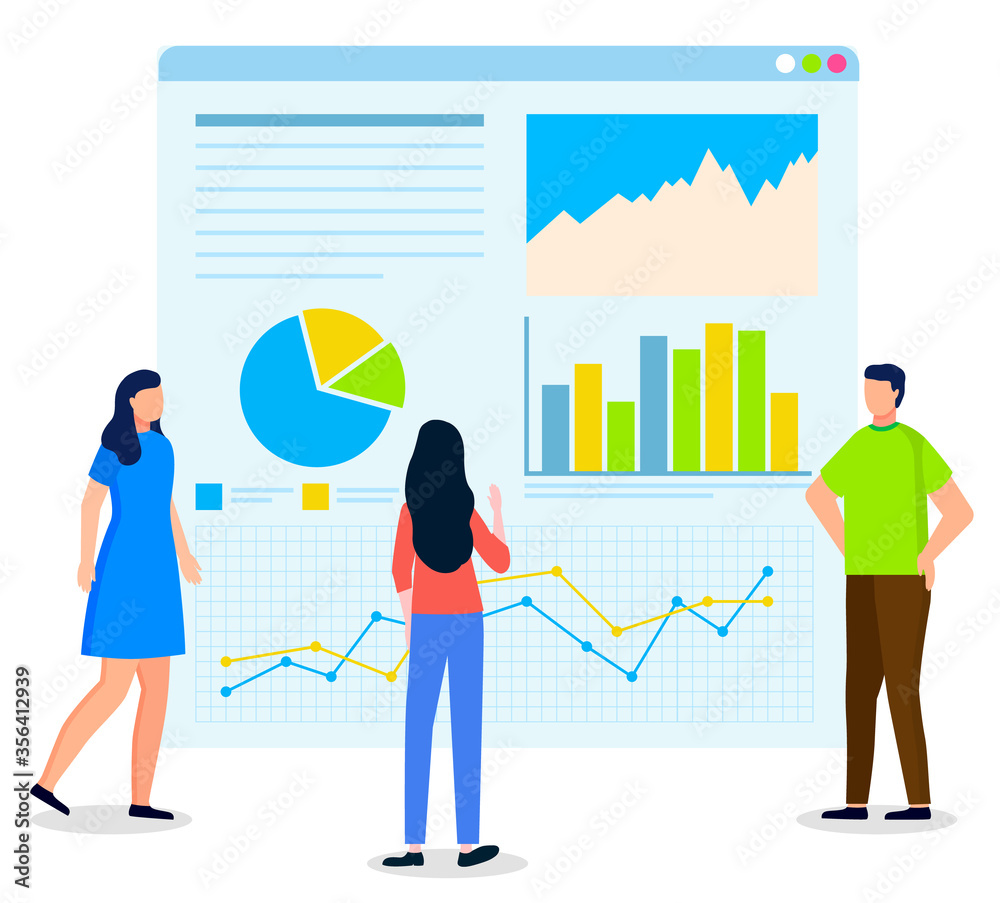 Man and woman communicating with webpage for online learning. Teamwork cooperation and discussion graph report on web icon. Male and female brainstorming with business infochart presentation vector Man and woman communicating with webpage for online learning. Teamwork cooperation and discussion graph report on web icon. Male and female brainstorming with business infochart presentation vector
