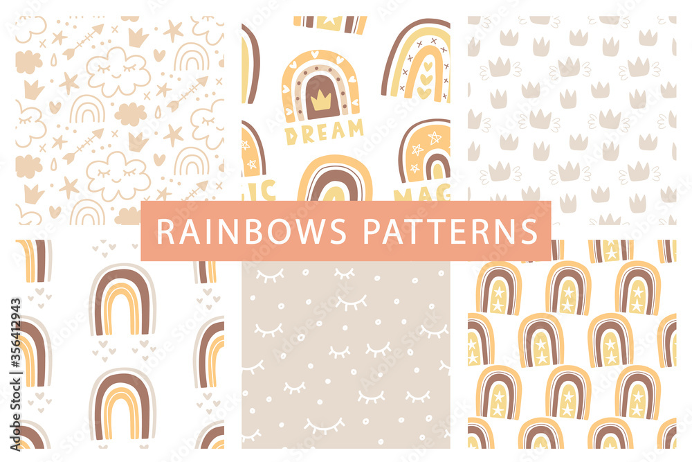 Cute rainbows seamless patterns set