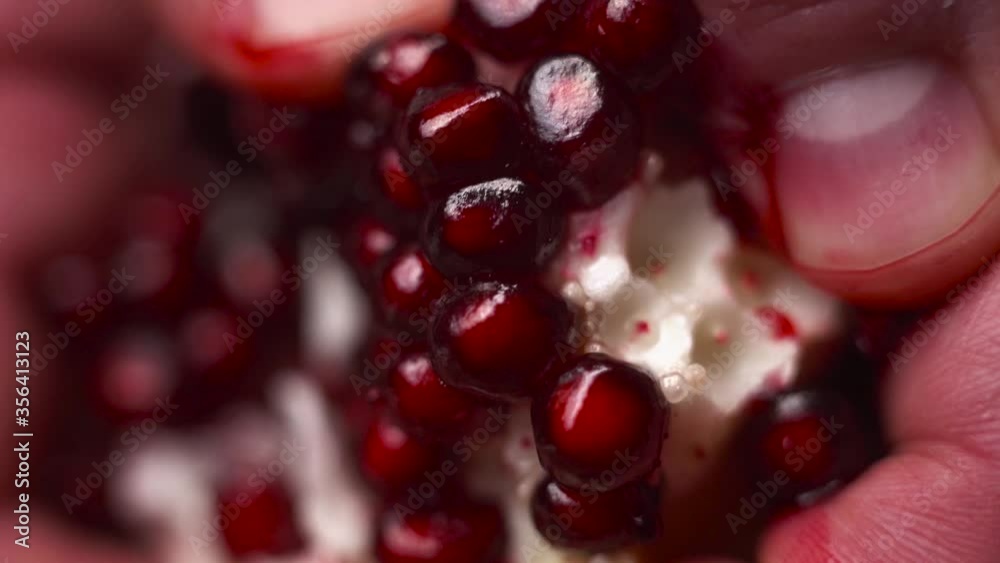 Pomegranate Close Up. Red fresh fruit clasped hands macro shot. Pomegranate is an excellent antioxidant for the male and female body.