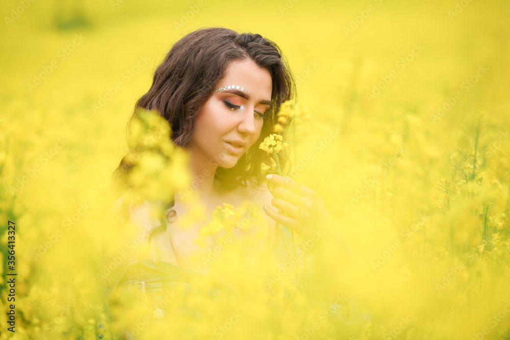 Beautiful woman relaxing in raps field Beautiful woman relaxing in raps field