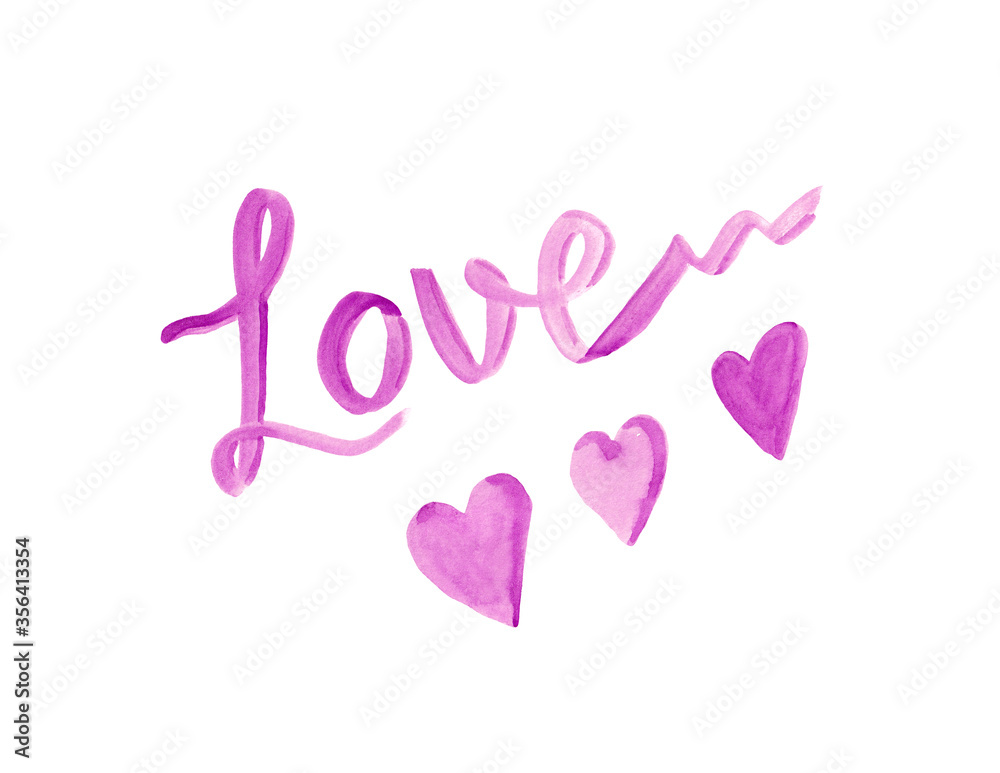 Love and hearts - purple watercolor calligraphy lettering, isolated on white background