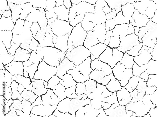 Cracked ground texture, outlined cracks silhouettes isolated on white