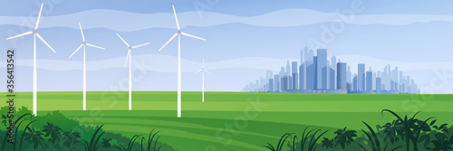 Ecological city landscape, vector background. Green city landscape with wind turbines. Renewable energy.