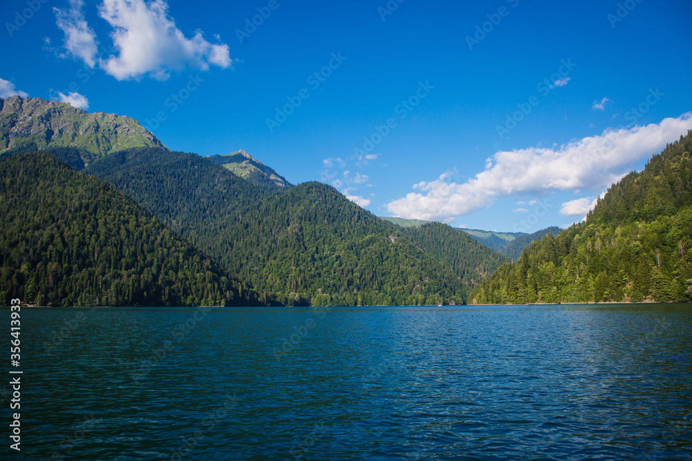 beautiful blue lake high in the mountains