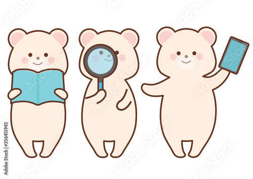 シロクマイラストセット　本を読む白くま　虫眼鏡を覗く白くま　スマホを持つ白くま