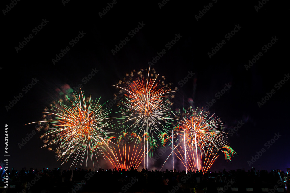 Crowd looks holiday fireworks in dark evening sky. Crowd looks holiday fireworks in dark evening sky.