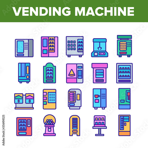 Vending Machine Selling Service Icons Set Vector. Vending Machine Technology With Food And Drink, Coffee And Tea, Bubbles Gum And Toys Color Illustrations