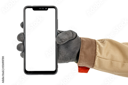 Worker hand in black protective glove and brown uniform holding modern smartphone with copy space on screen isolated on white background