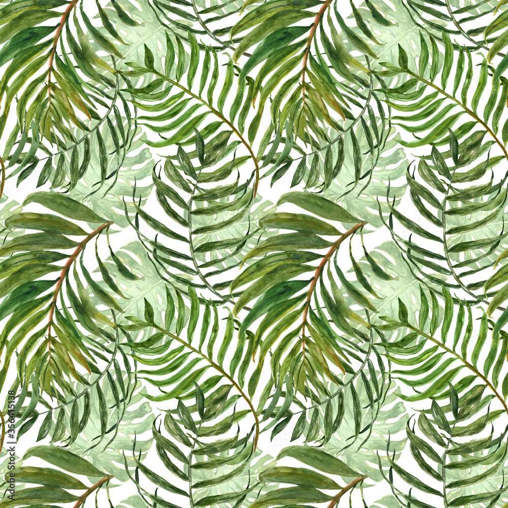 Trendy tropical seamless background pattern. Watercolor green tropic forest palm tree leaves on white backdrop. Summer jungle exotic repeat print. Botanical greenery and foliage illustration.