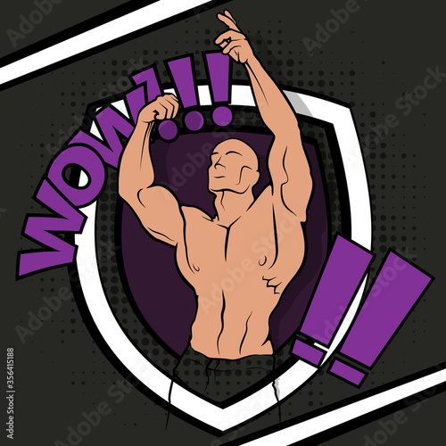 Muscle man silhouette graffiti icon on comics art background, lifting weights fitness gym icon, athlete banner, bodybuilder logo on comics shield background, athlete men's bare torso