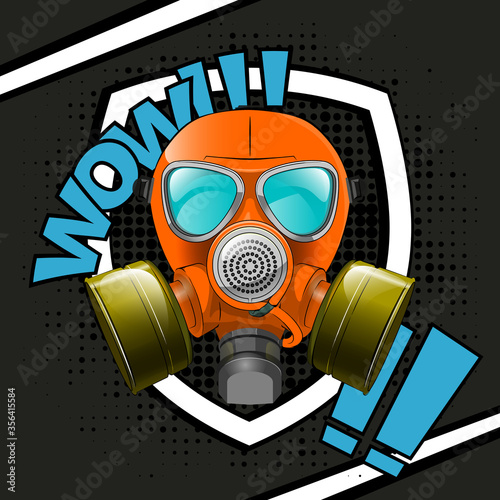 Gas mask respirator skull breather on comics style background. Protective radiation suit in comics badge. Breathing gas mask apparatus with two filters. Color illustration