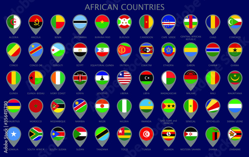 Map pointers with all national flags of the African countries in alphabetical order. Official colors flags. Colorful set map pointers. Vector illustration