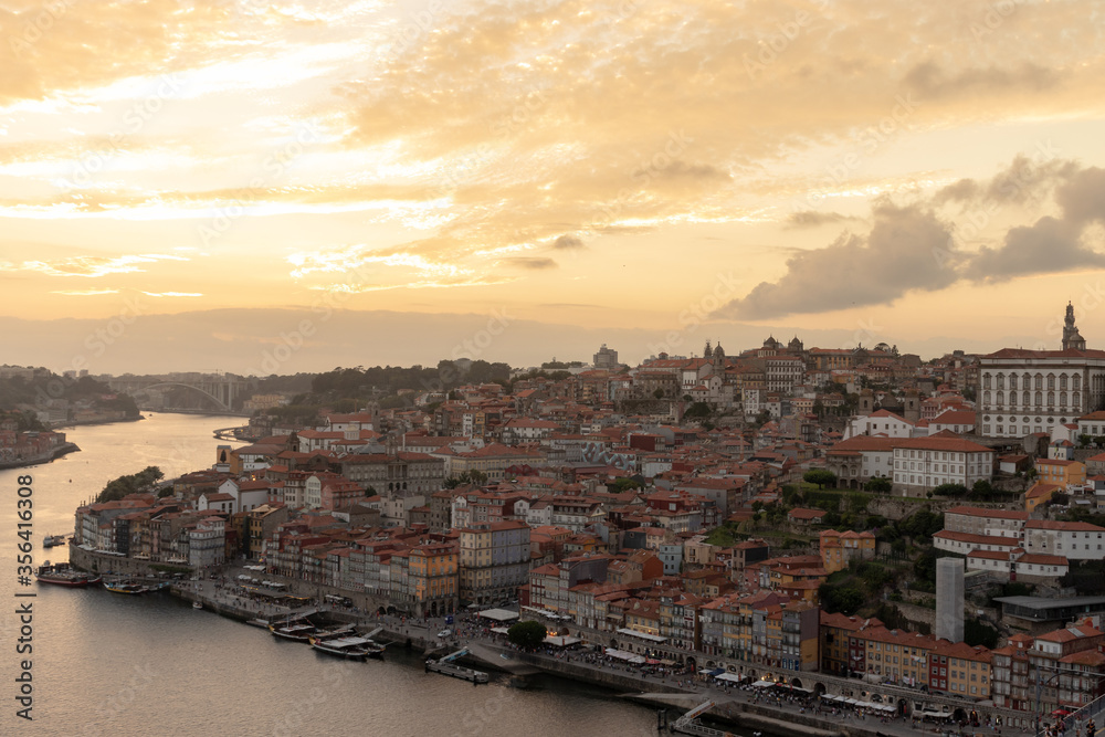 Sunset light on Douro River from Serra do Pilar at Vila Nova de Gaia, Oporto, Portugal in Europe