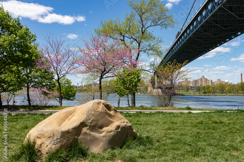 Photography Large Stone on the Riverfront of Astoria Park with Colorful Plants and Flowers d