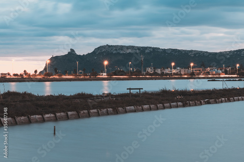 Long exposure view of Sella del diavolo from Molentargius park on a cloudy day at sunset 