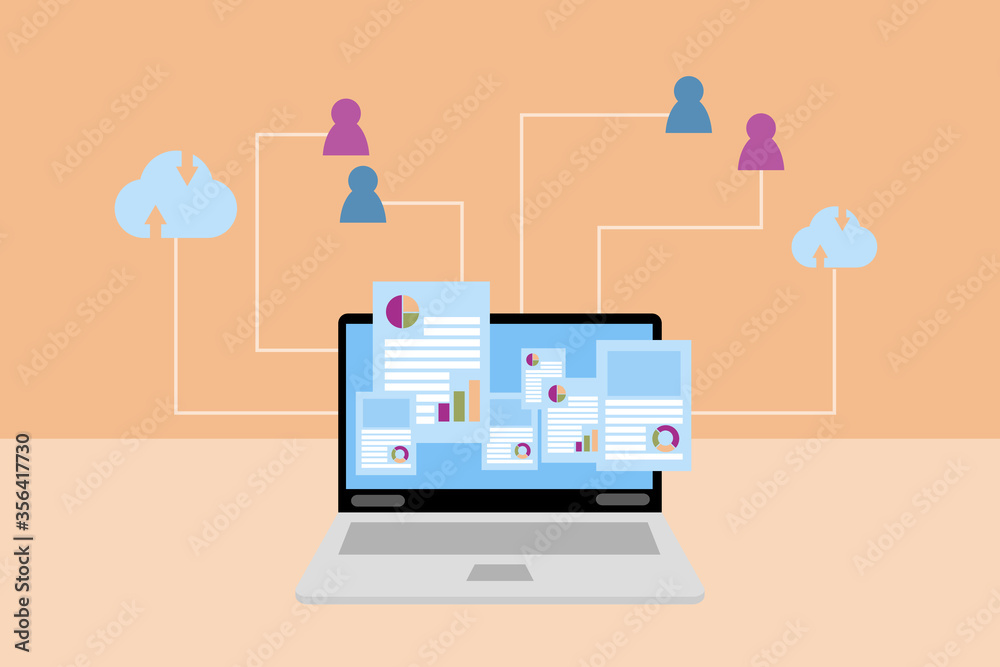 Webinar or e-learning concept. Laptop and cloud storage data icon, pink and blue person icon on orange background. Internet connection for meeting and study online. Work and study from home. Webinar or e-learning concept. Laptop and cloud storage data icon, pink and blue person icon on orange background. Internet connection for meeting and study online. Work and study from home.