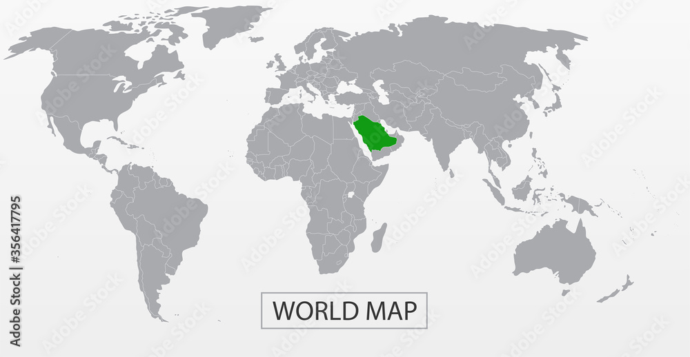 Political Vector Map of the world with clear borders with highlighted Saudi Arabia. Each country is isolated and selectable. Suitable for reports, statistics, infographics, templates. Silhouette backd