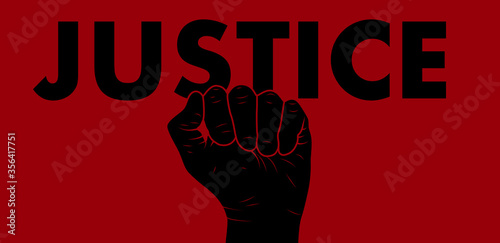 word justice on red background with black fist below