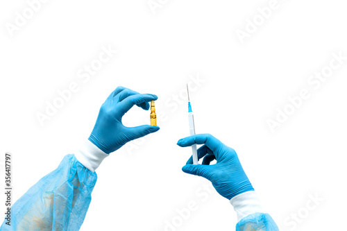 vaccine test, the doctor’s hands in vinyl gloves hold an ampoule with medicine and a disposable syringe for injection, the anti-virus vaccination concept