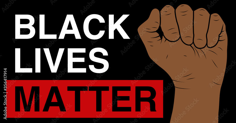 Fototapeta words black lives matter in white and red against a black background with brown fist to the right