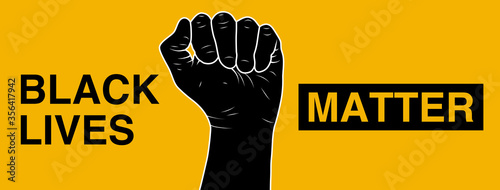 words black lives matter against a yellow background with black fist in the middle of the words