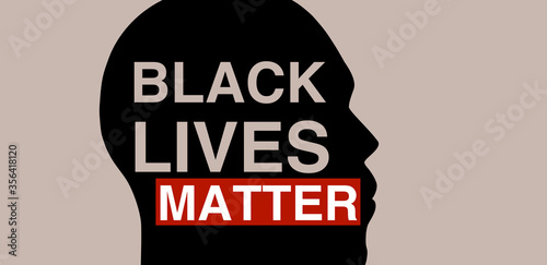 words black lives matter in a black silhouette head against a tan background