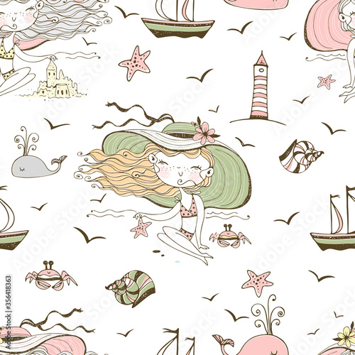Seamless pattern on the theme of summer and the sea with cute girls on the beach. Vector