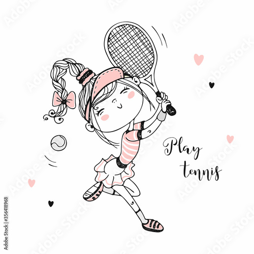 Cute girl playing tennis. Vector illustration.