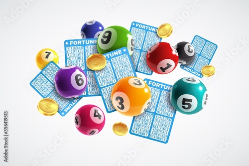 Lottery banner. Realistic lottery tickets and drawing balls, lucky instant win, lotto game, jackpot internet leisure gambling vector concept