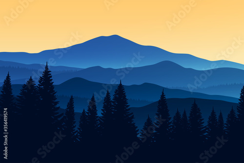 Vector illustration of mountain landscape. Mountain forest in the fog.