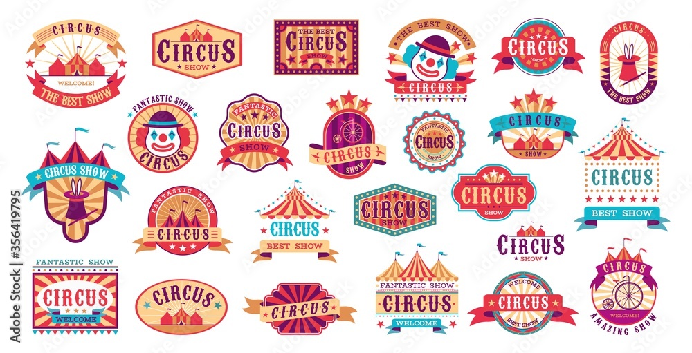 Circus retro labels. Vector carnival event stickers for invitation, vintage show framing shapes