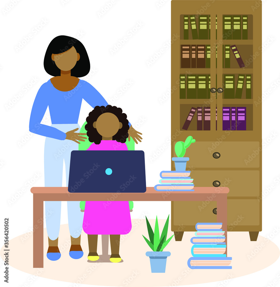 Teaching children online. Home classes with children. An African-American family. A mother helps her daughter with her homework. Flat style vector illustration isolated on white background.