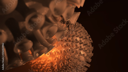 Coronavirus Covid-19 cell virus under microscope, pandemic risk coronavirus covid-19 outbreak, 3D render. Illustration © Raj