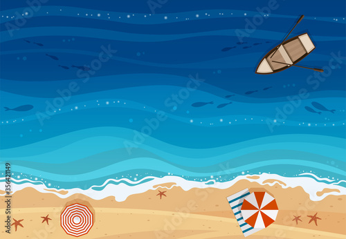 Beach with umbrellas, tropical blue sea and a wooden boat top view, vector background.