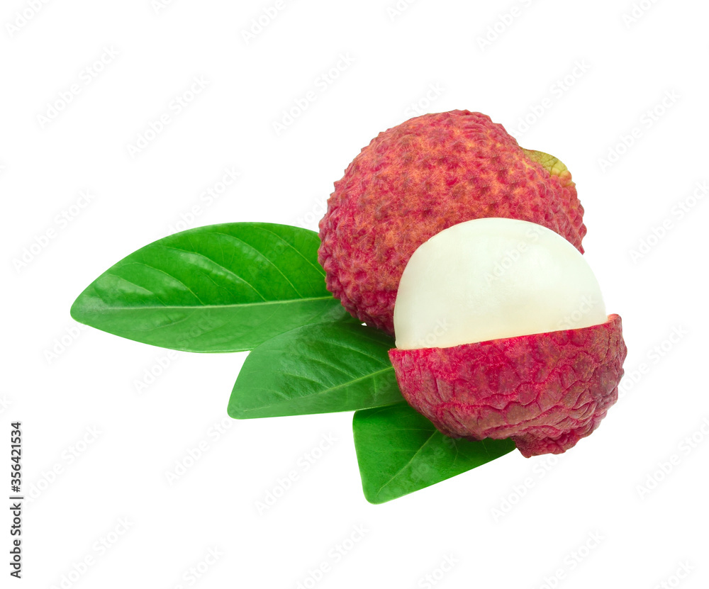 Lychee with leaves isolated on white background. Tropical fruit Lychee with leaves isolated on white background. Tropical fruit