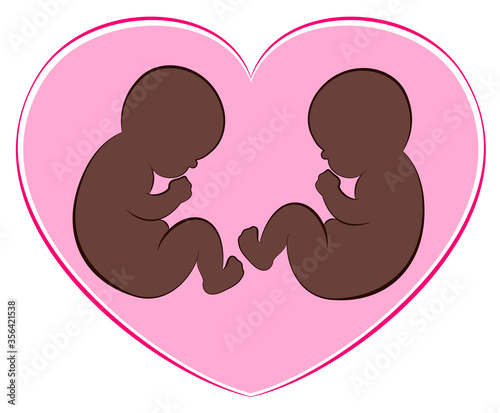 Outline illustration of two black babies or twins with a pink heart around them. Isolated vector on white background.
