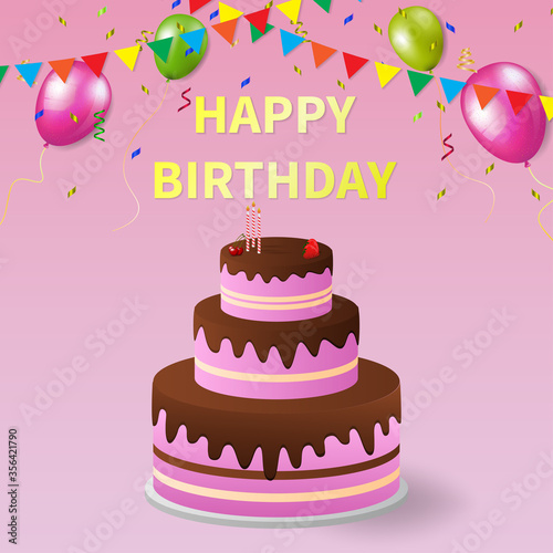 Happy birthday greeting card with cake and balloons.