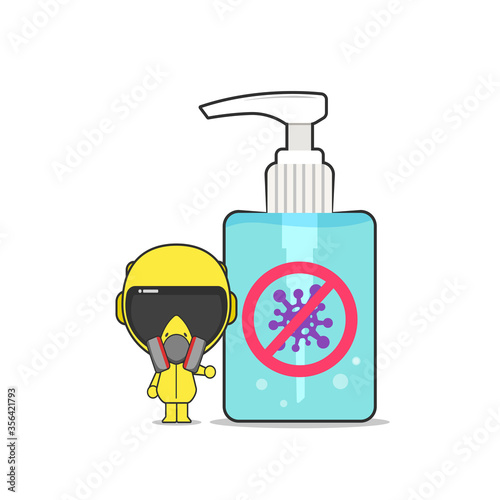 Small character using hazmat suit standing next to hand sanitizer bottle