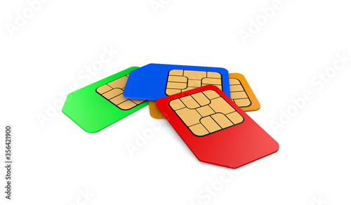 3D rendering colored  sim card for mobile phones on white background photo