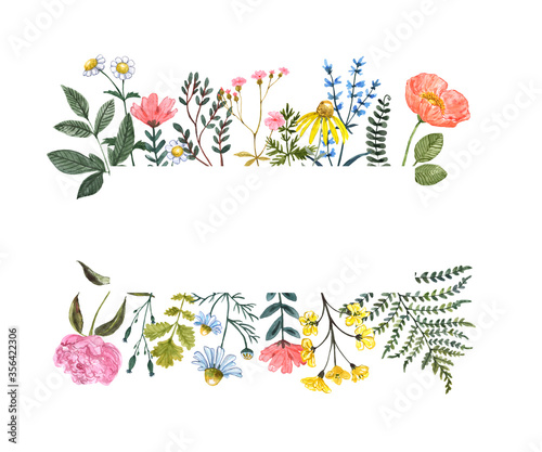 Summer wildflower frame, watercolor illustration. Floral border with blank space for text. Hand drawn pink, yellow, blue meadow flowers and herbs on white background. Botanical banner photo