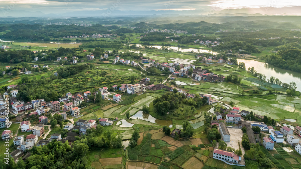 Rural countryside aerial view, green countryside and villages, Hunan, China。