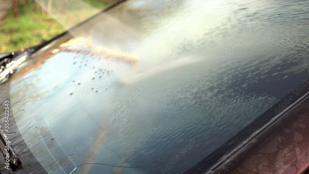 Washes away dirt from a car glass with a high-pressure water jet closeup. Special detergent for car wash. Washes a car in front of the house.