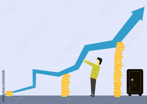 Investment chart line going up with coins and person with safe