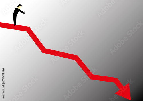 Person at the top of a falling chart line looking down