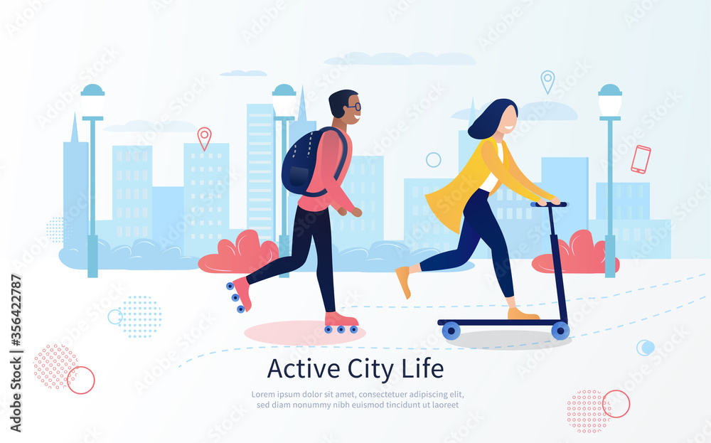 Young happy people riding on electric scooters. Modern city lifestyle. Ecological modes of transport. Banner. Holidays. Flat Vector Illustration