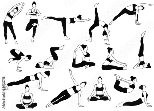 Vector silhouettes of woman in costume practicing yoga. Shapes of slim girl doing yoga exercises in different poses isolated on white background. Yoga icons.
