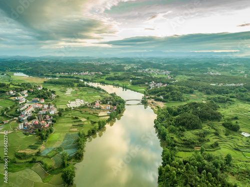 Overlooking the rural green countryside and river, Shaoyang, Hunan, China。