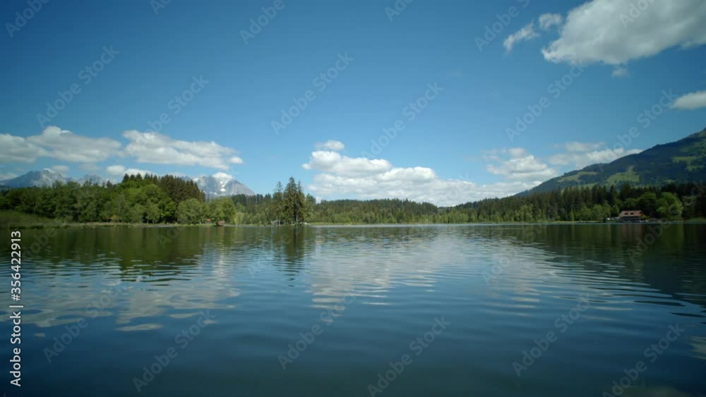 Sitting by lake; trees and mountains on shore across, blue sky with clouds on sunny breezy day Sitting by lake; trees and mountains on shore across, blue sky with clouds on sunny breezy day