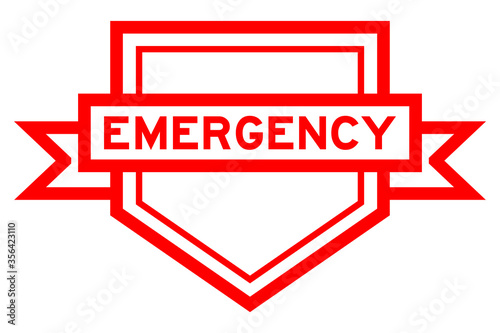 Vintage red color pentagon label banner with word emergency on white background